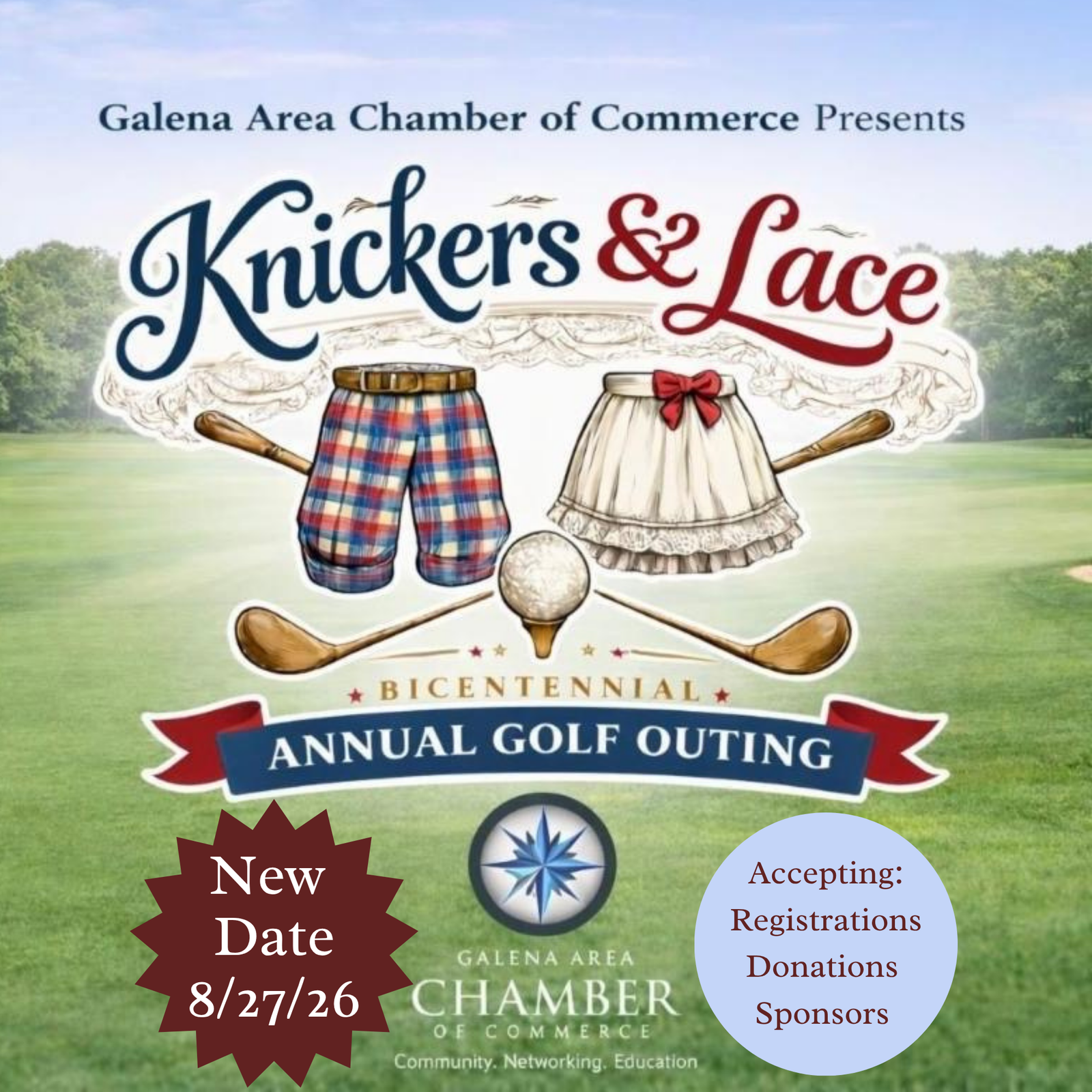 Knickers and Lace Golf Outing Flyer. Annual Chamber Golf Outing. New Date set for August 27, 2026. Still accepting registration, donations, and sponsors.